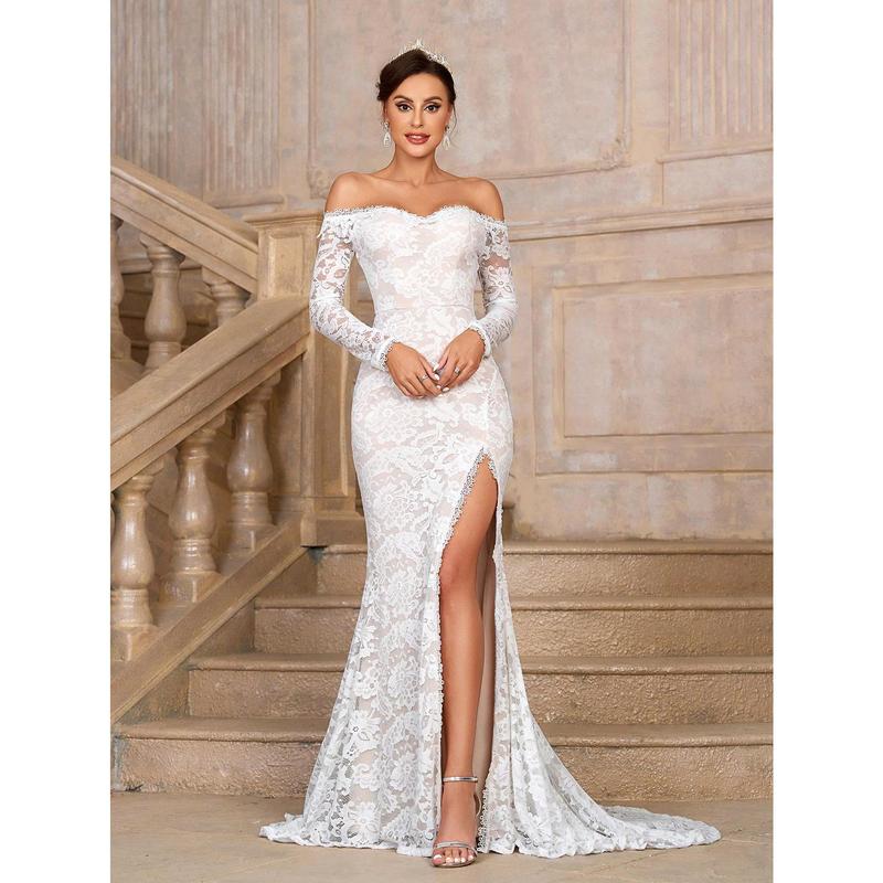 French Classic Lace Applique, High Slit, Mermaid Tail Design, Suitable For Weddings, Bachelorette Parties, Graduation Ceremonies, Extra Long Tail Wedding Dress bridal outfit Fit
